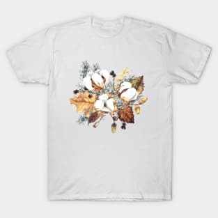 Watercolor composition with cotton flowers and leaves T-Shirt